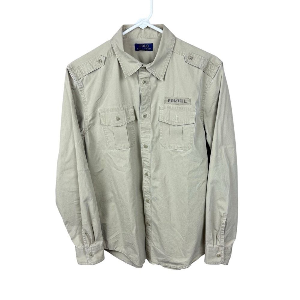Polo Ralph Lauren Boys Khaki Military Utility Button Up Shirt XL 18–20 Cotton